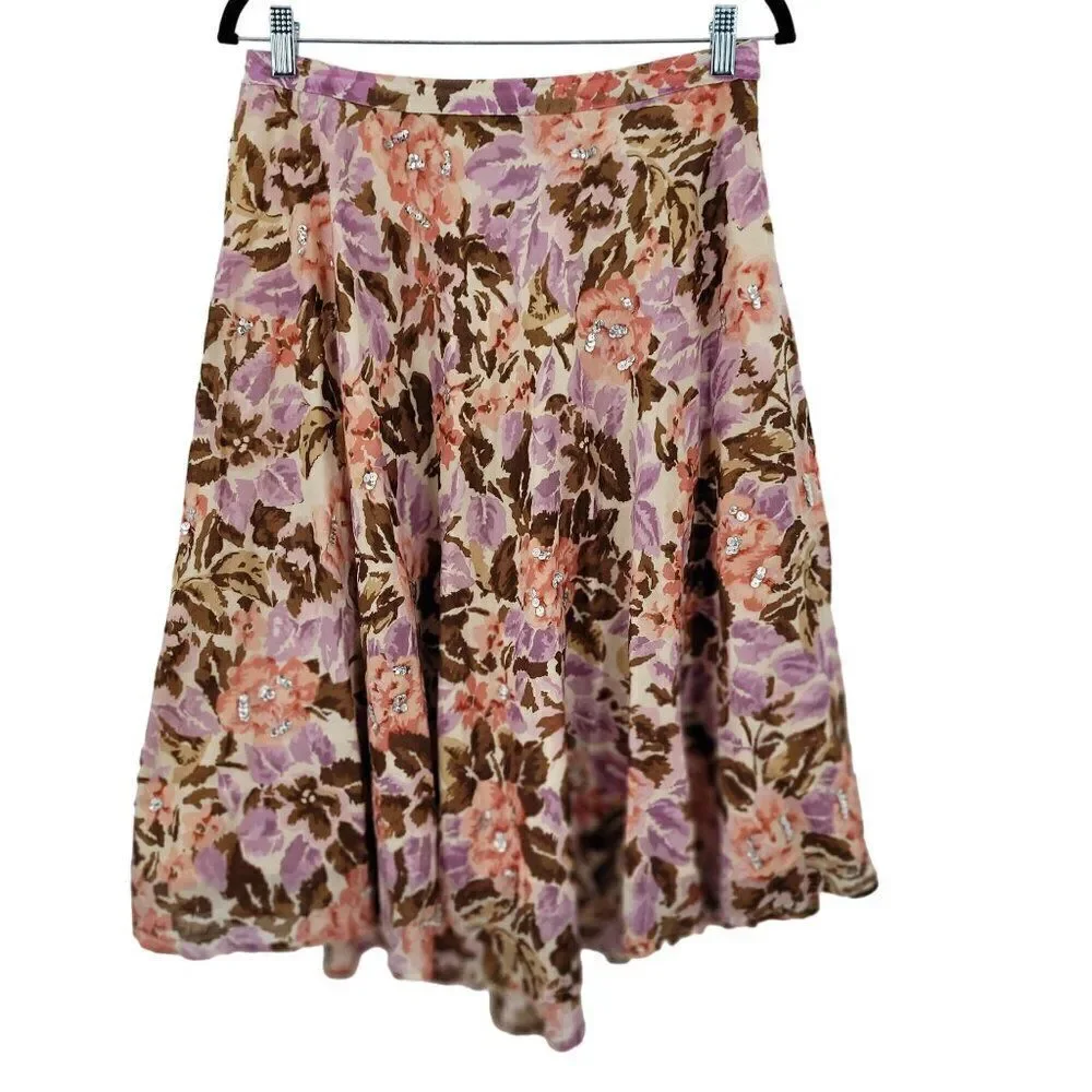 Y2K Floral Midi Skirt 8 Cotton Pink Brown Asymmetrical Sequin Details Boho India